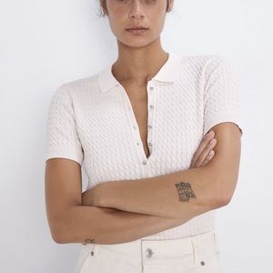 zara cream cable knit polo womens medium, rhinestone buttons